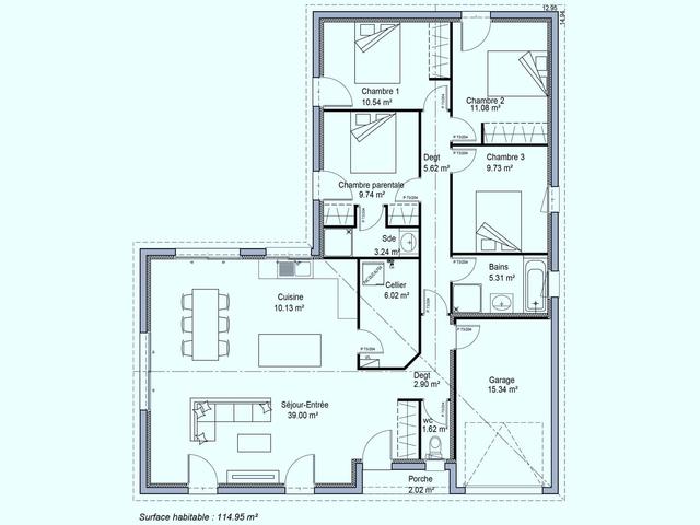 Plan maison 115m², suite parentale et 3 chambres