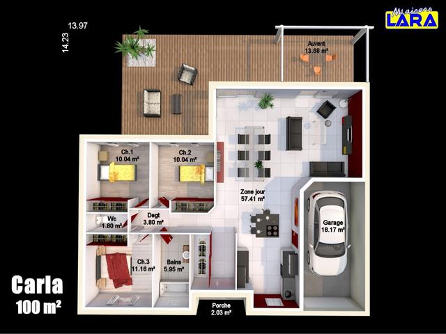 Plan maison moderne Carla 100m² avec garage