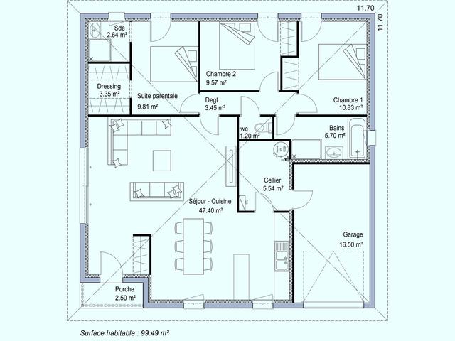 Plan maison moderne 100m², 3 chambres, garage intégré