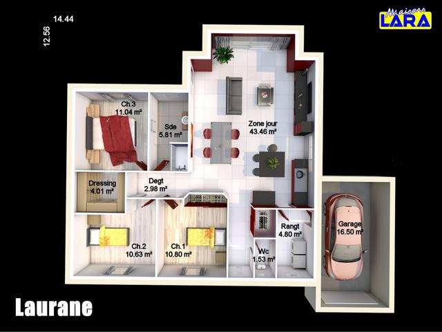 Plan maison moderne Laurane 3 chambres avec garage