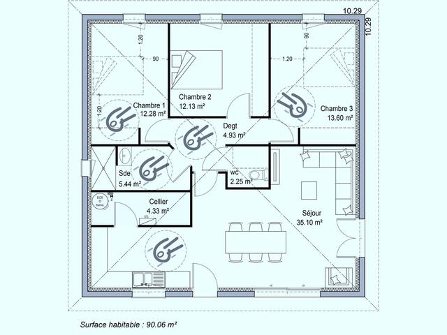 Plan de maison moderne 3 chambres 90m² - Pmr