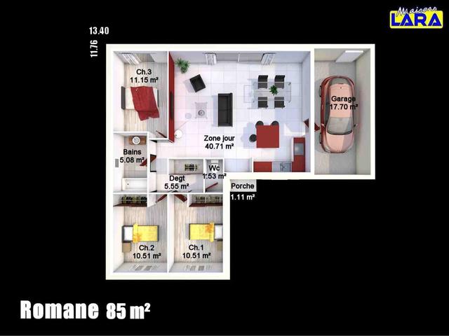 Plan maison Romane 85m² avec 3 chambres et garage