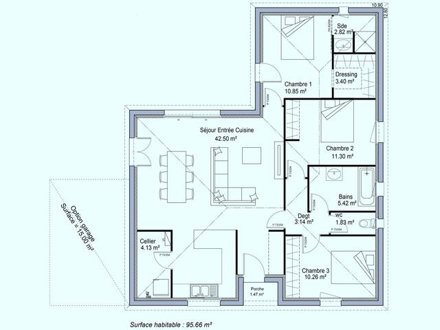 Plan maison 3 chambres, dressing, garage optionnel