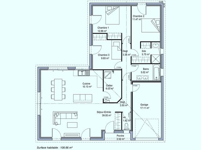 Plan maison 108m², 3 chambres