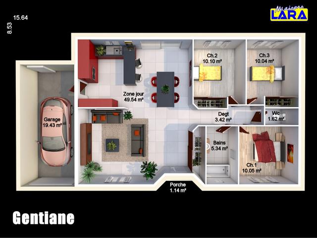 Plan maison moderne "Gentiane", 3 chambres, garage intégré
