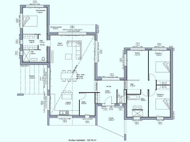 Plan maison moderne 145m², 3 chambres