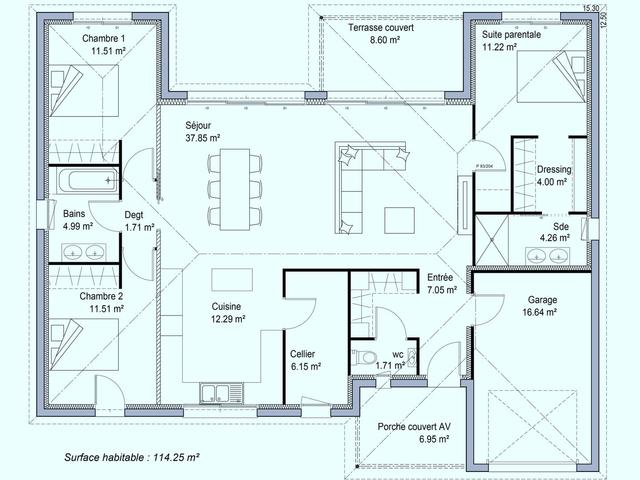 Plan maison 114m², 3 chambres avec garage et terrasse