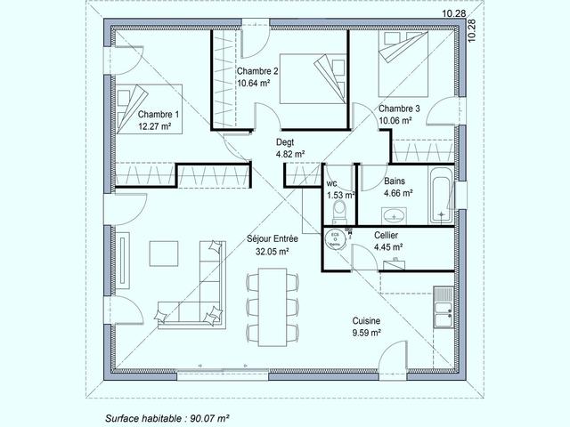 Plan de maison moderne 3 chambres 90m²