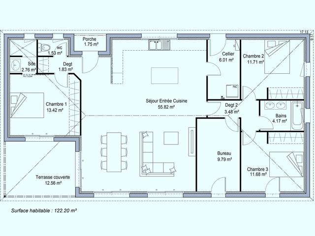 Plan maison 3 chambres terrasse couverte 122m²