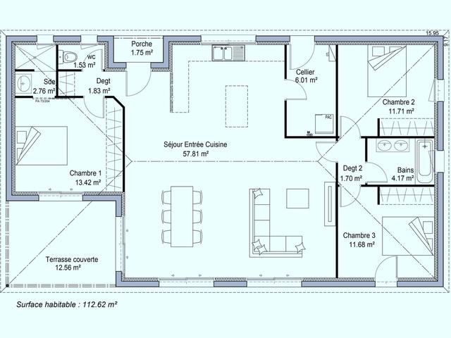Plan maison 3 chambres, terrasse couverte, spacieux