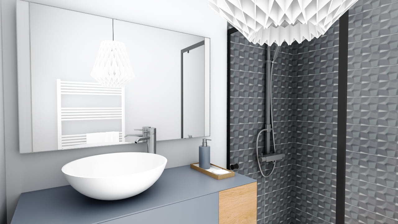 Salle de bains moderne épurée avec douche design et luminaire
