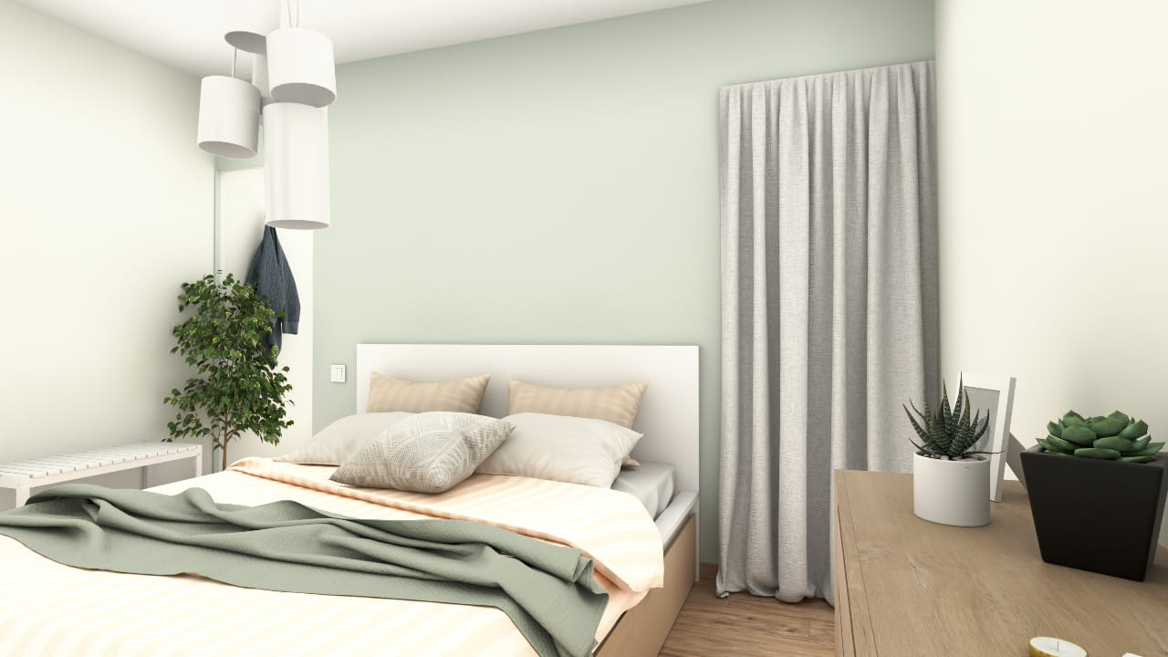 Chambre minimaliste lumineuse avec décoration verte et lit douillet