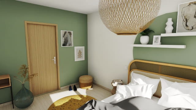 Chambre moderne design épuré vert moutarde décoration tendance