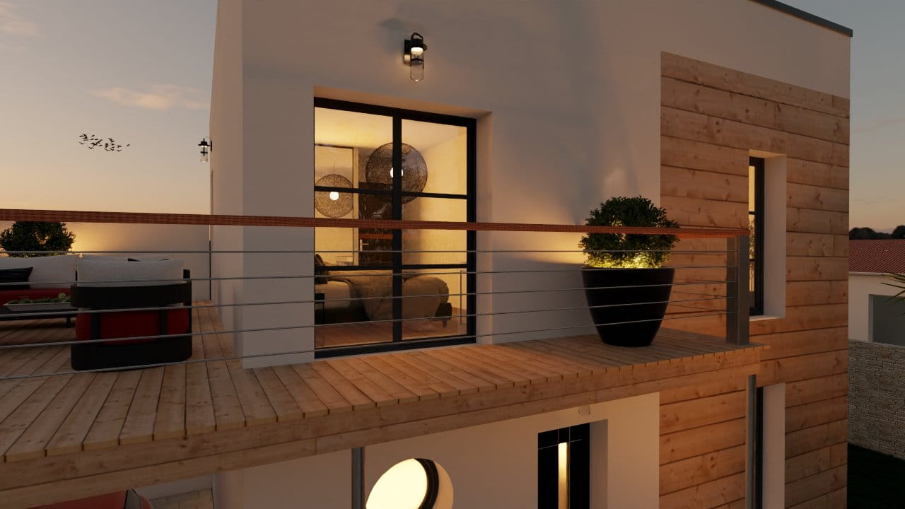 Terrasse moderne maison élégante éclairage crépuscule