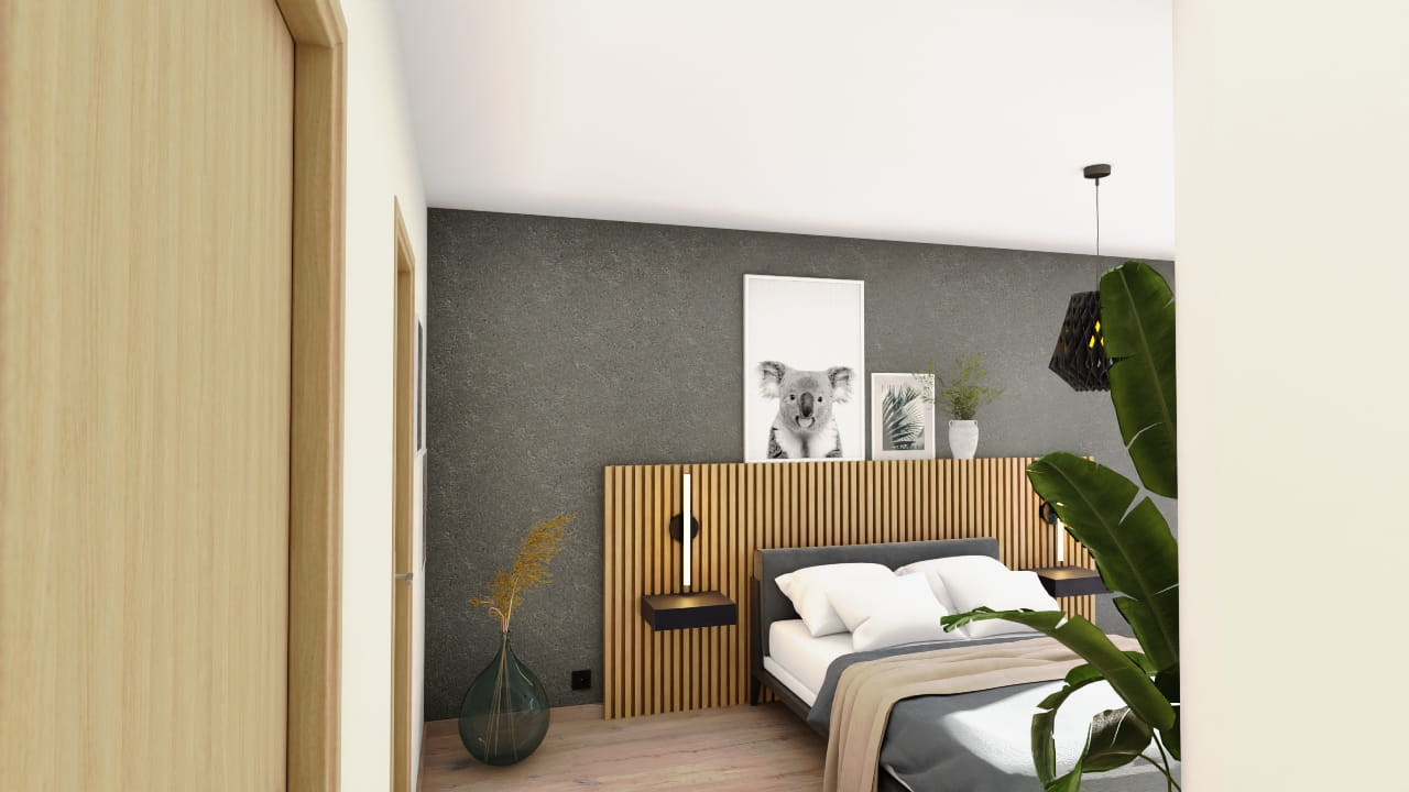 Chambre moderne épurée avec décoration koala et plantes vertes