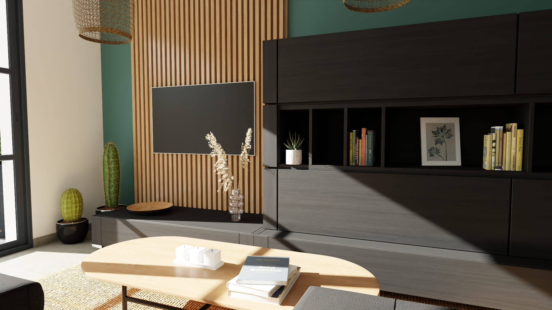 Salon moderne épuré télé cactus étagère bois design