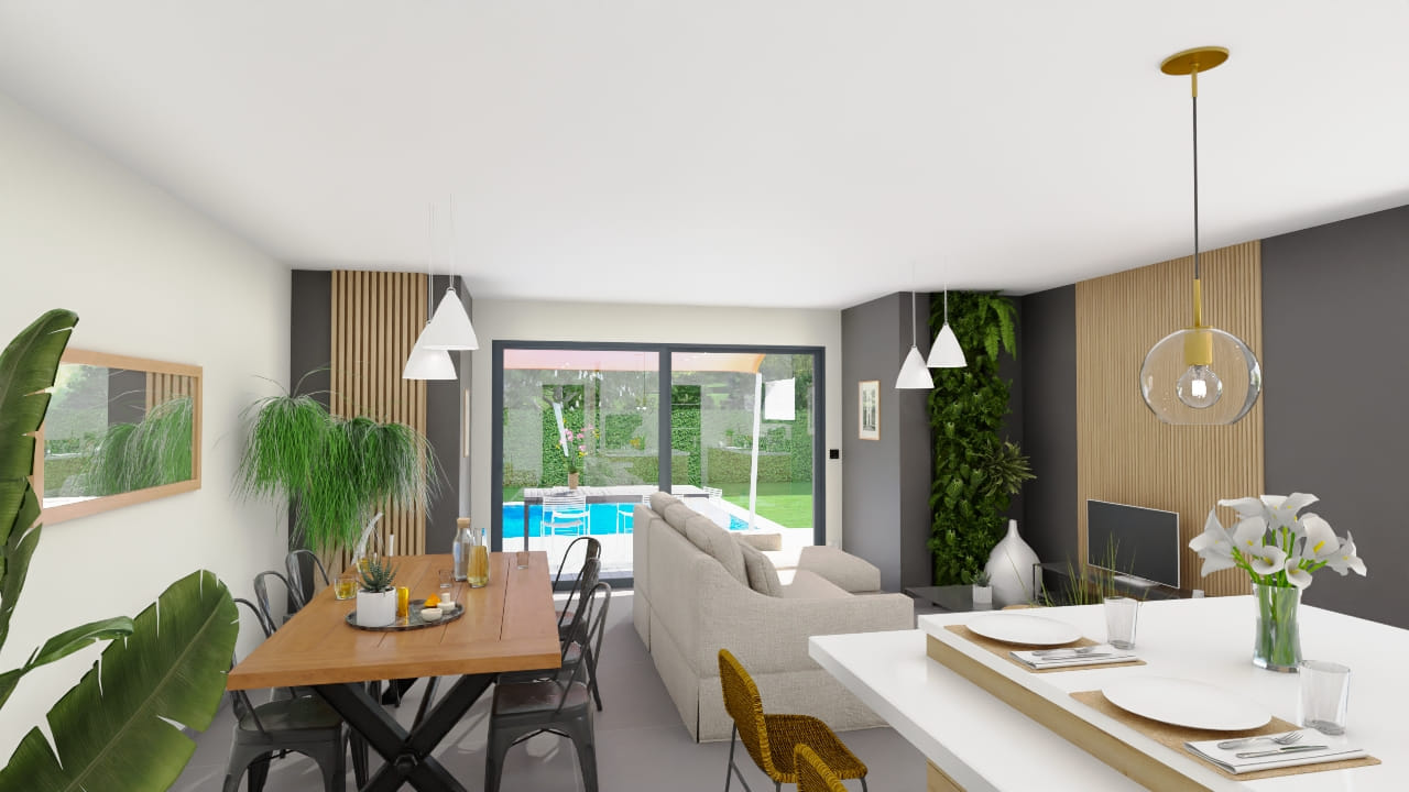 Design intérieur moderne salon cuisine vue piscine