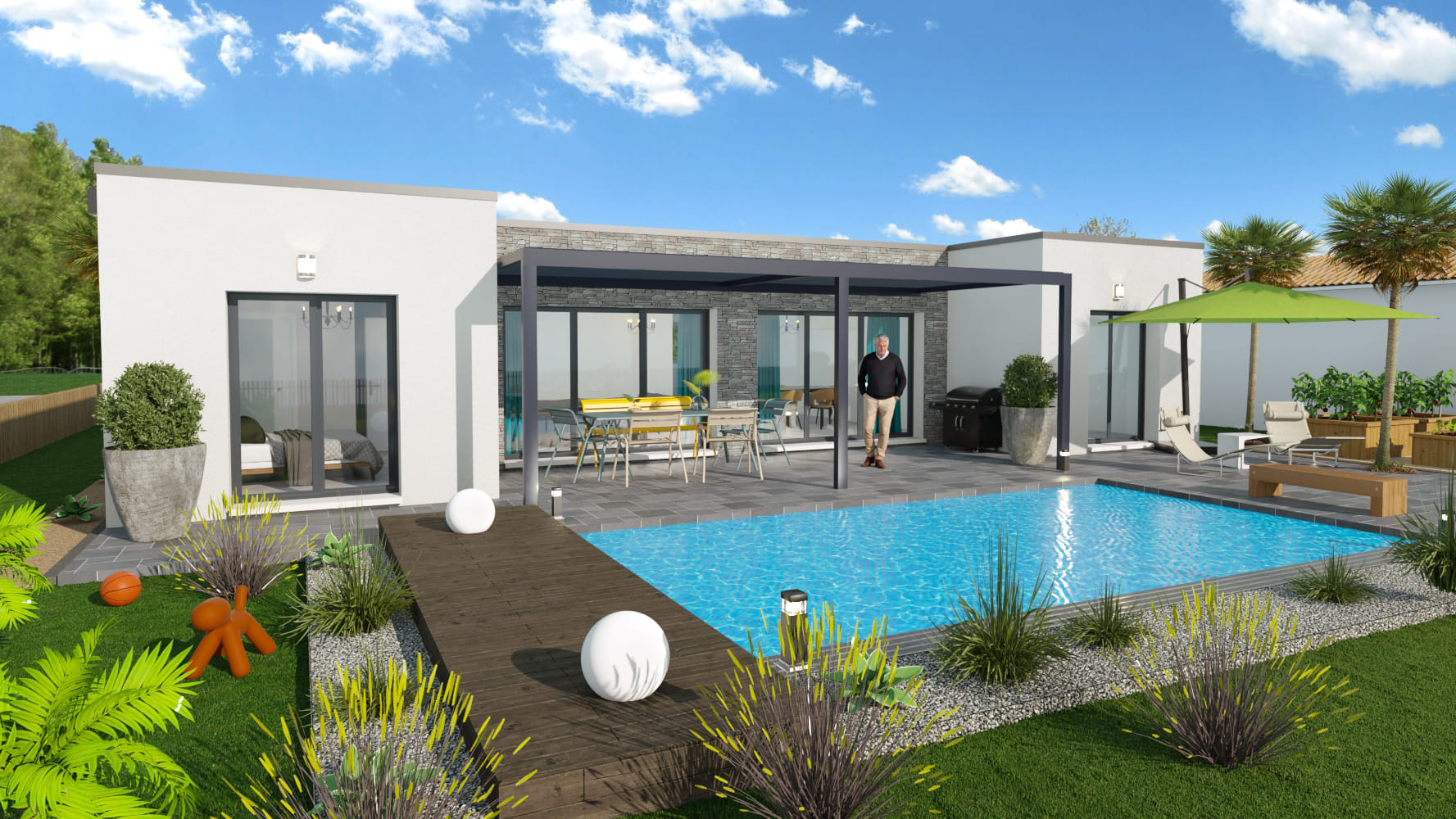 Maison moderne avec grandes baies vitrées, piscine et terrasse design