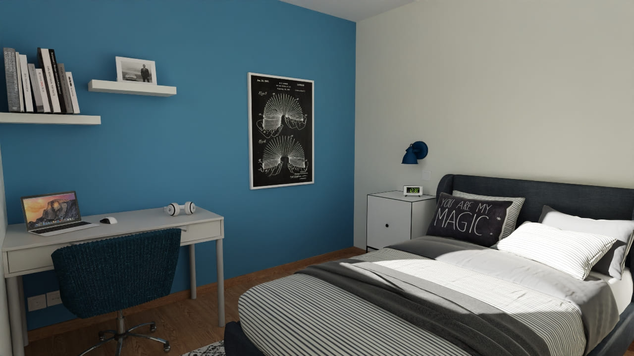 Chambre moderne bleue avec bureau, lit confortable et déco