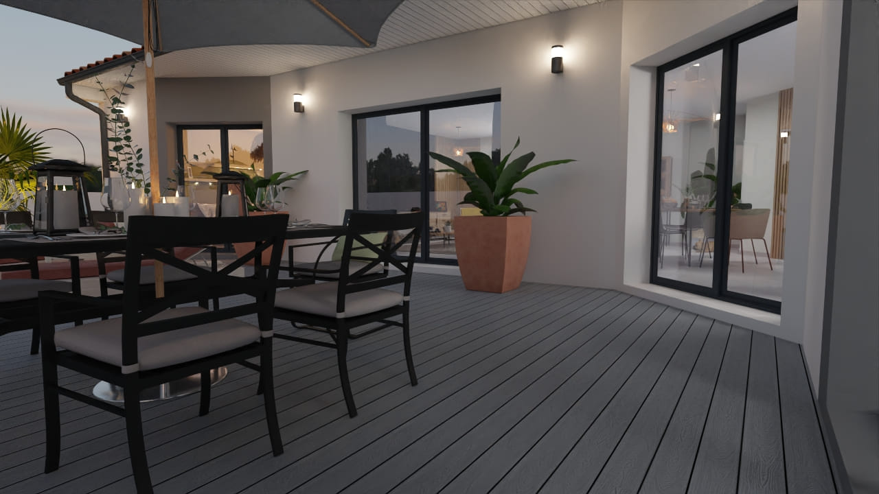 Terrasse moderne élégante avec mobilier et plantes décoratives
