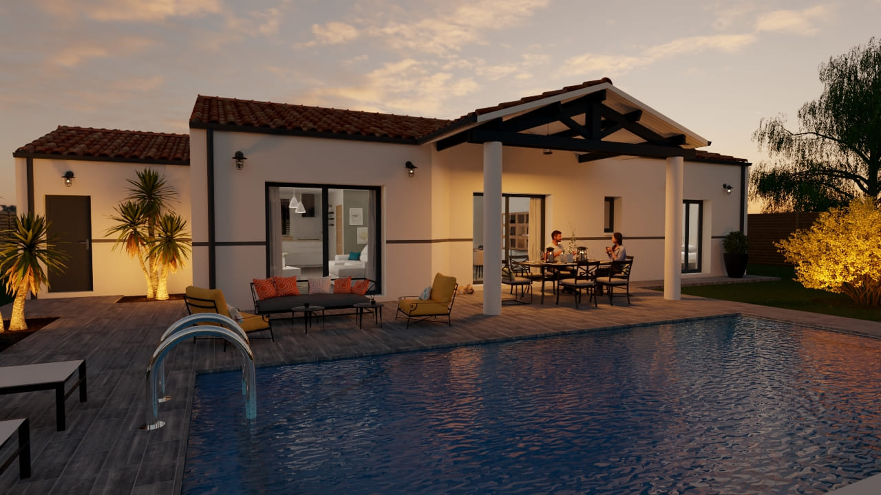 Maison moderne avec piscine, éclairage extérieur, au coucher du soleil
