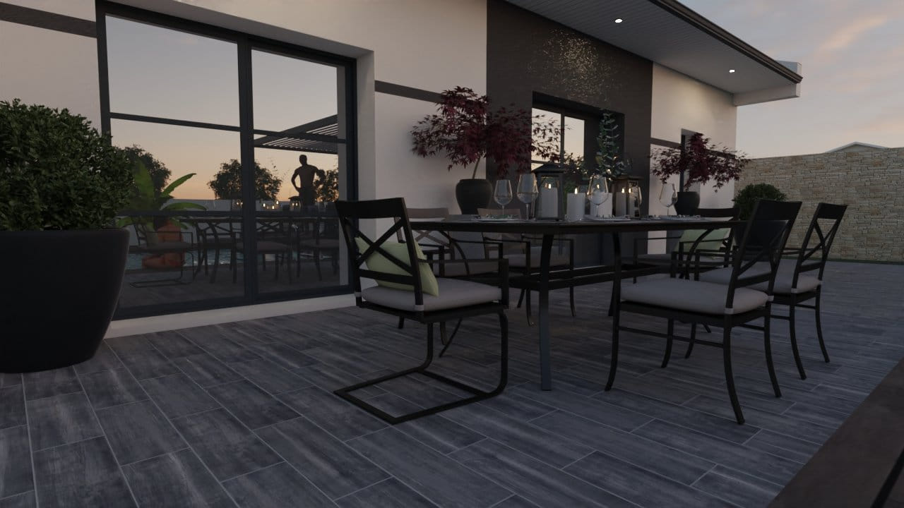 Terrasse moderne meublée élégante coucher de soleil piscine