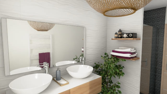 Salle de bain moderne épurée avec éléments en bois naturel