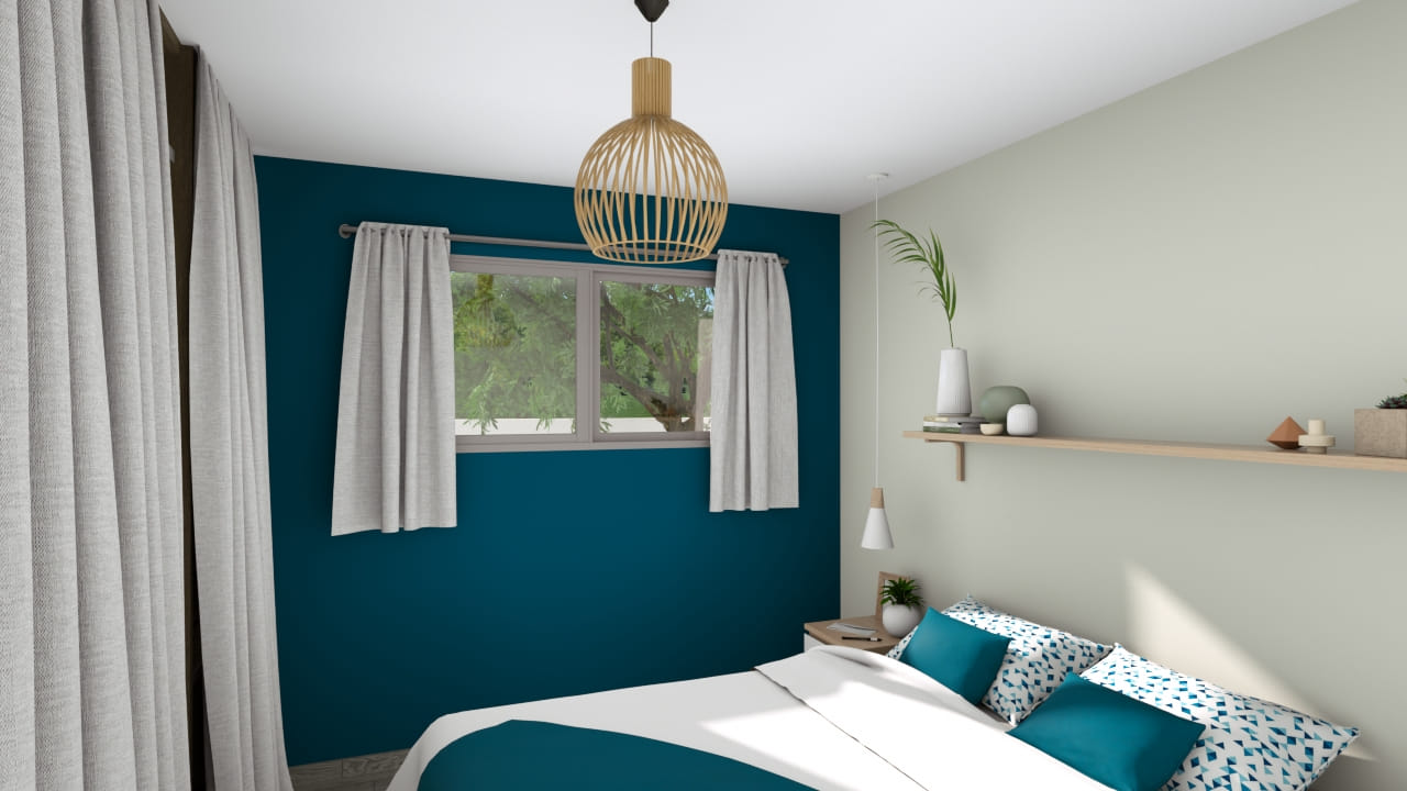 Chambre moderne épurée décor bleu suspension design lumineuse