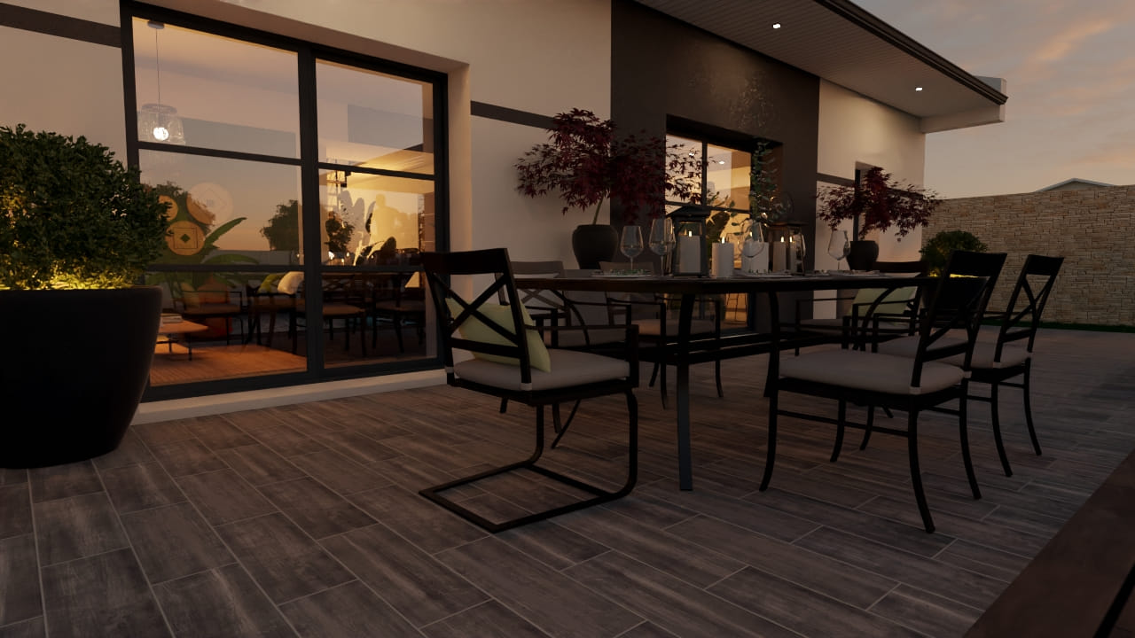 Terrasse élégante soirée mobilier design extérieur moderne lumière douce
