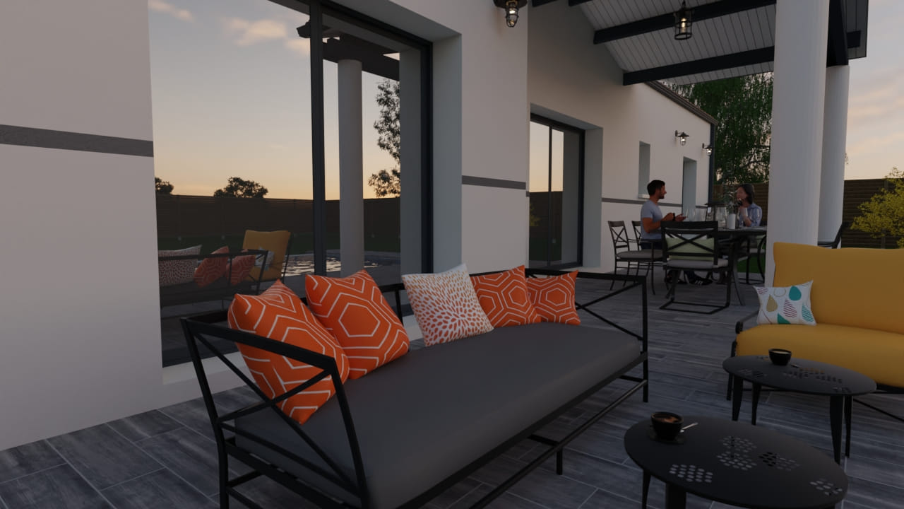 Terrasse moderne élégante mobilier design couple détente soirée