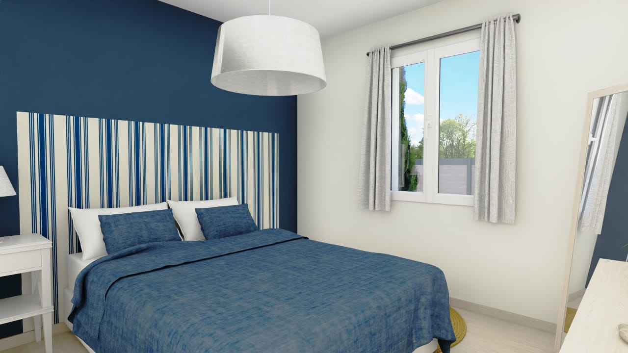 Chambre moderne épurée bleue design confortable lumineuse élégante