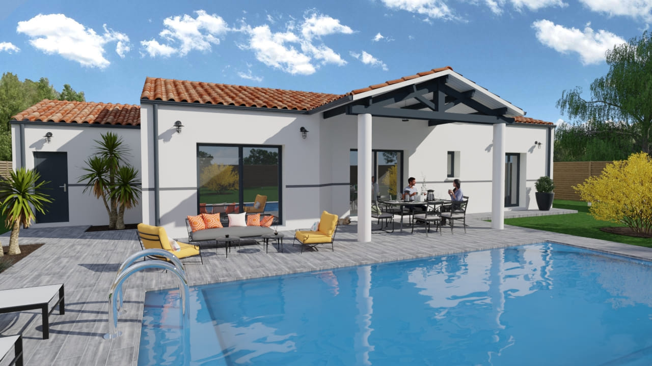 Maison moderne avec piscine et terrasse ensoleillée extérieure