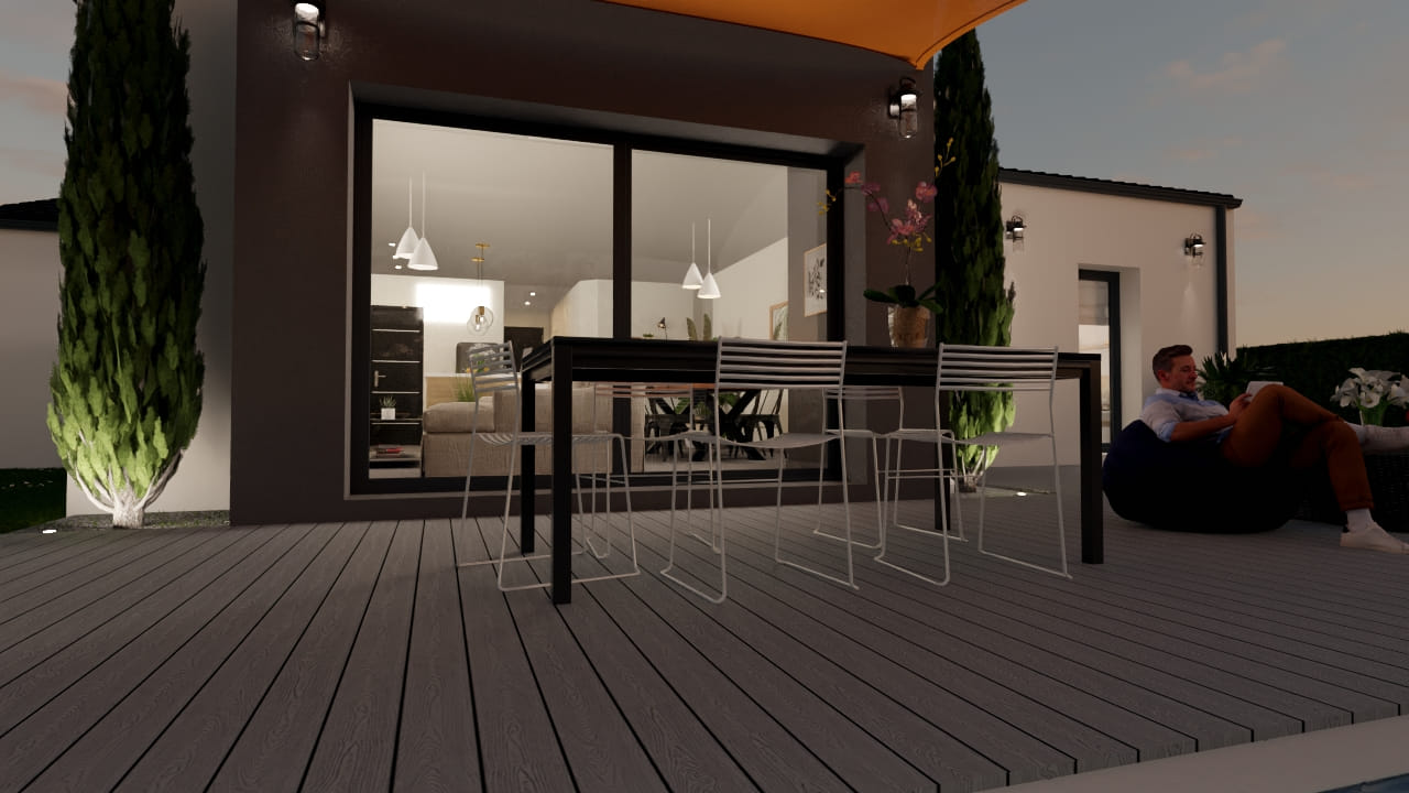 Terrasse moderne avec mobilier élégant et vue intérieur