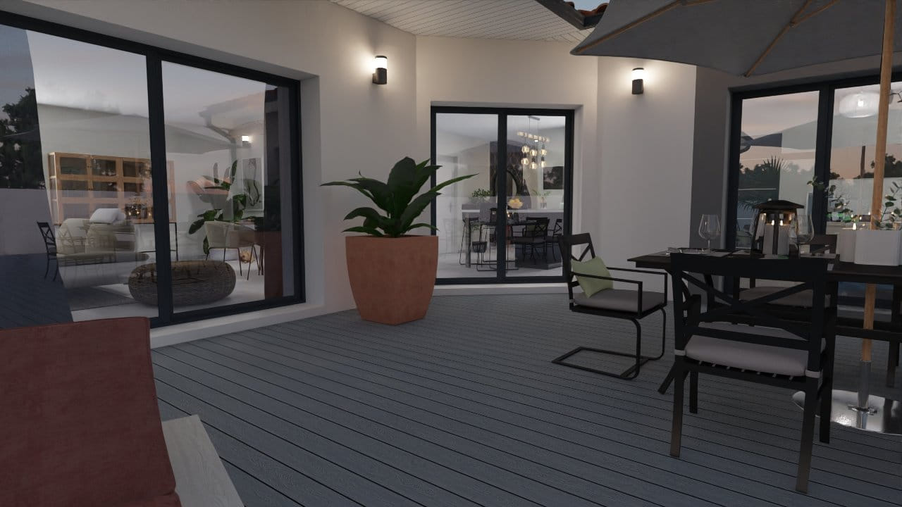 Terrasse élégante moderne avec salle à manger extérieure