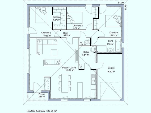 Plan maison moderne 100m², 3 chambres, garage intégré