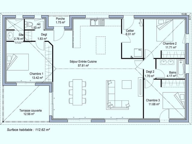 Plan maison 3 chambres, terrasse couverte, spacieux