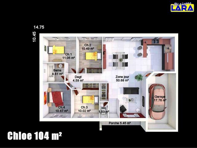 Plan maison Chloe 104m² avec garage et petit porche