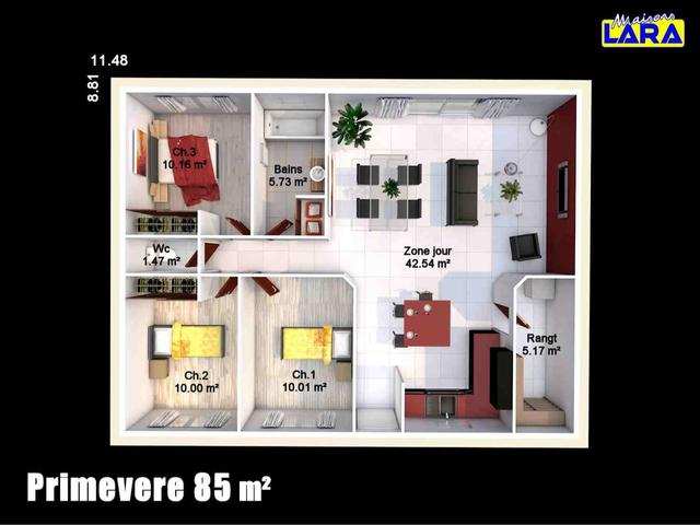 Plan maison 85m² avec 3 chambres et une grande zone jour