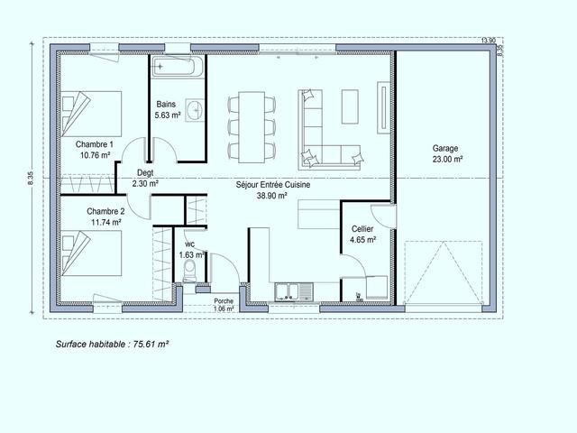 Plan maison 76m², 2 chambres, garage, cellier