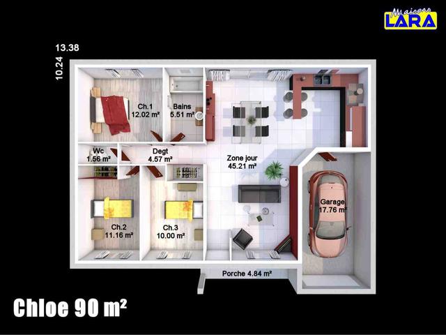 Maison Chloe 90m² plan fonctionnel 3 chambres garage