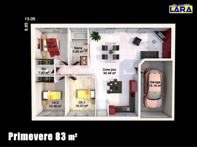 Plan maison 83m² avec 3 chambres et garage
