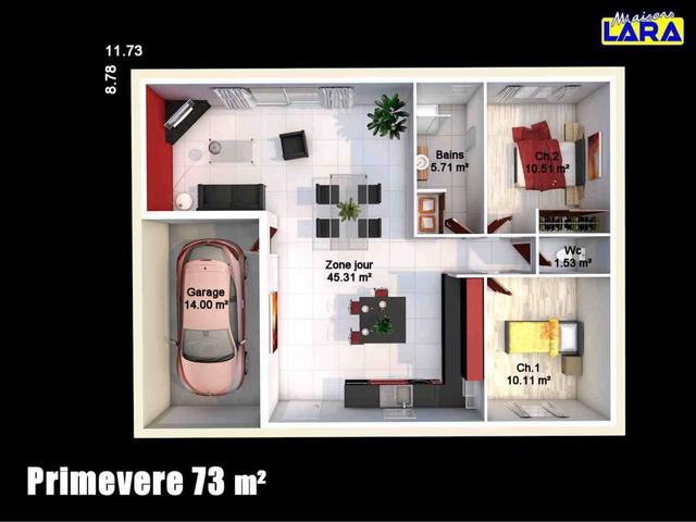 Plan maison 73m² avec 2 chambres et garage