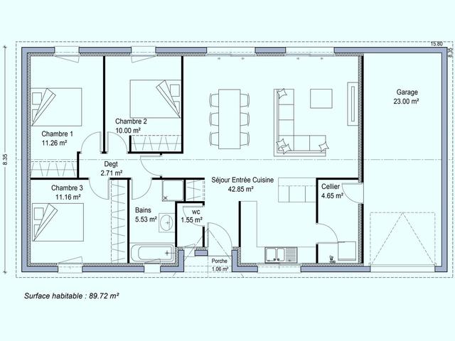 Plan maison 90m², 3 chambres, garage, cellier