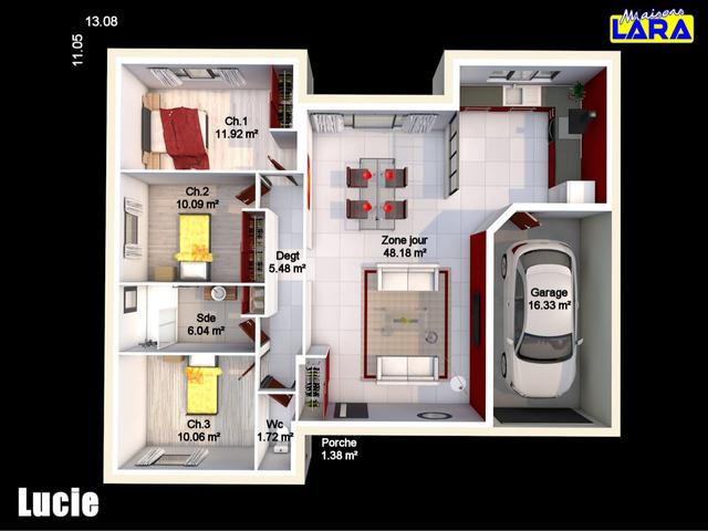 Plan maison moderne 3D trois chambres garage intégré