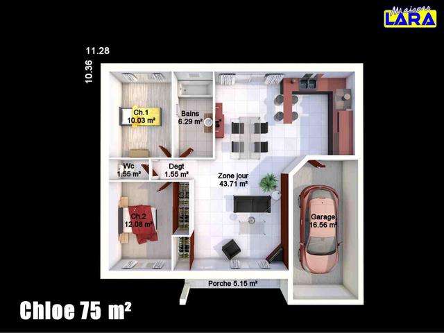 Plan maison moderne Chloe 75m² avec garage