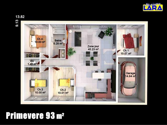 Plan maison 93m² avec 4 chambres et garage