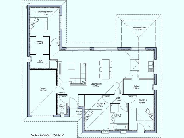 Plan maison 104m² avec chambre parentale, 2 chambres et garage