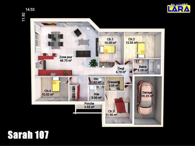 Plan moderne maison Sarah 107m² avec 4 chambres et garage