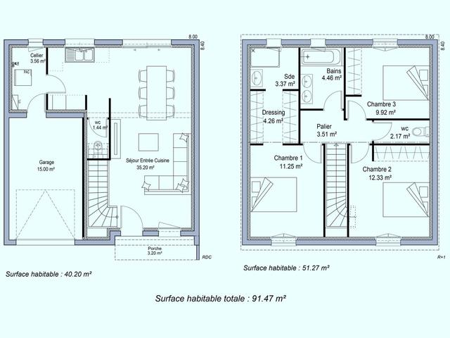 Plan maison 91m², 3 chambres, étage