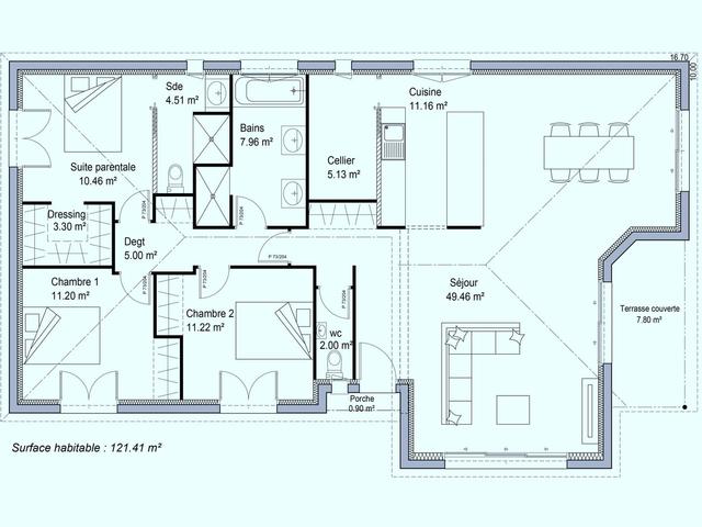 Plan maison moderne 3 chambres avec terrasse couverte
